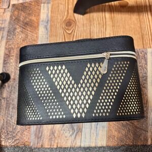 Vince Camuto‎ Black Faux Leather Makeup Train Case Cosmetic Organizer Bag Gold